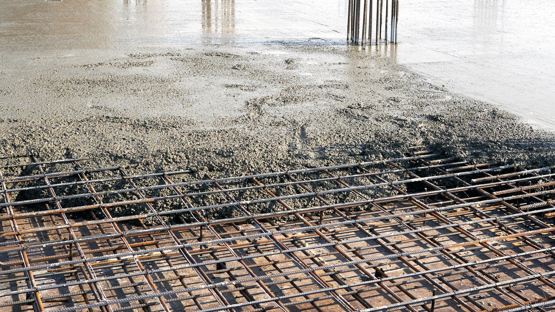 Closeup of steel reinforcement on the floor for pouring concrete